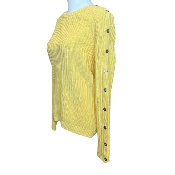Talbots Cable Knit Sweater Crew Neck Pullover Yellow Fisherman Button Size Small - Picture 2 of 10